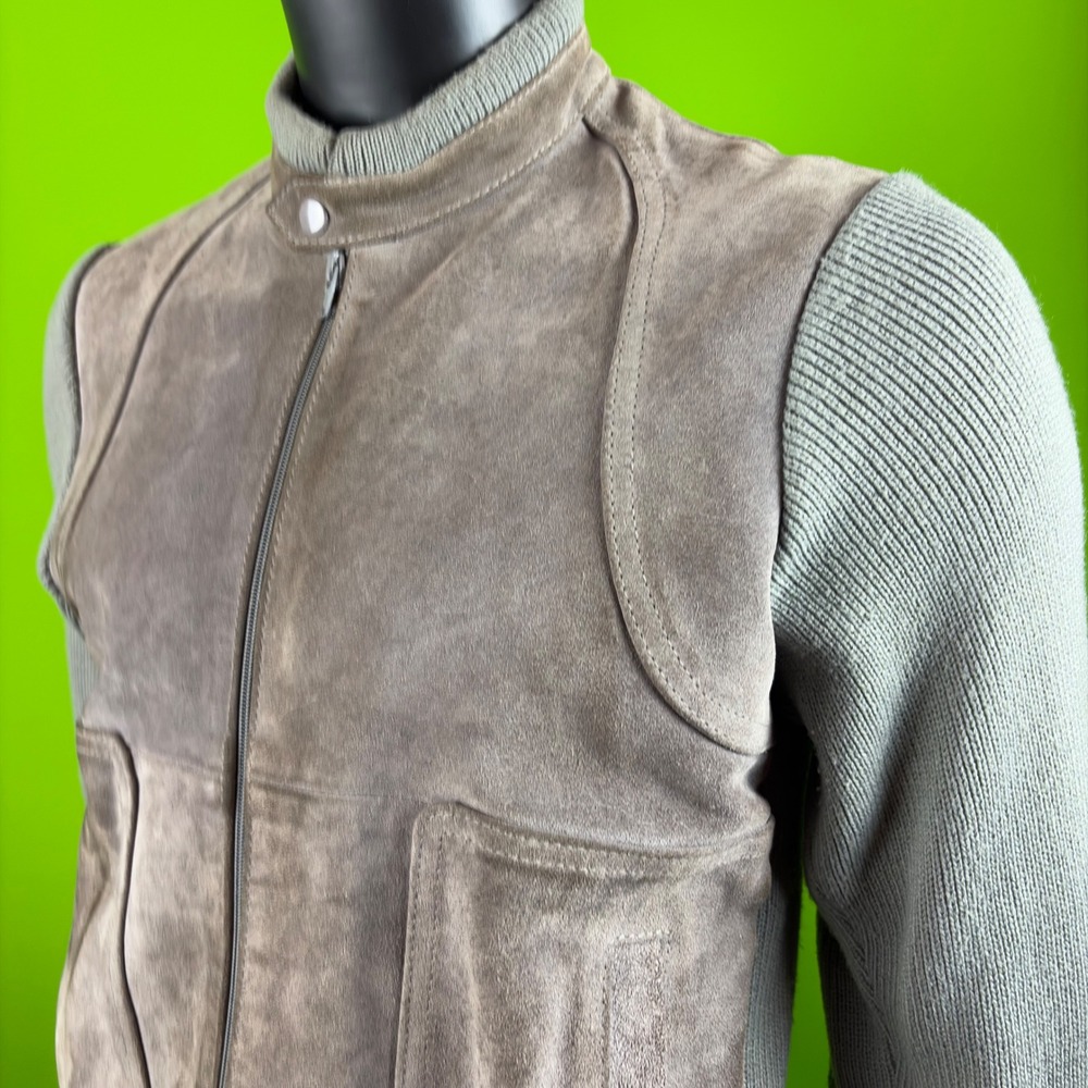 Vintage 80s Alvin Josef Suede Leather Knit Sleeve Bomber Jacket Gray Medium M - Picture 1 of 10